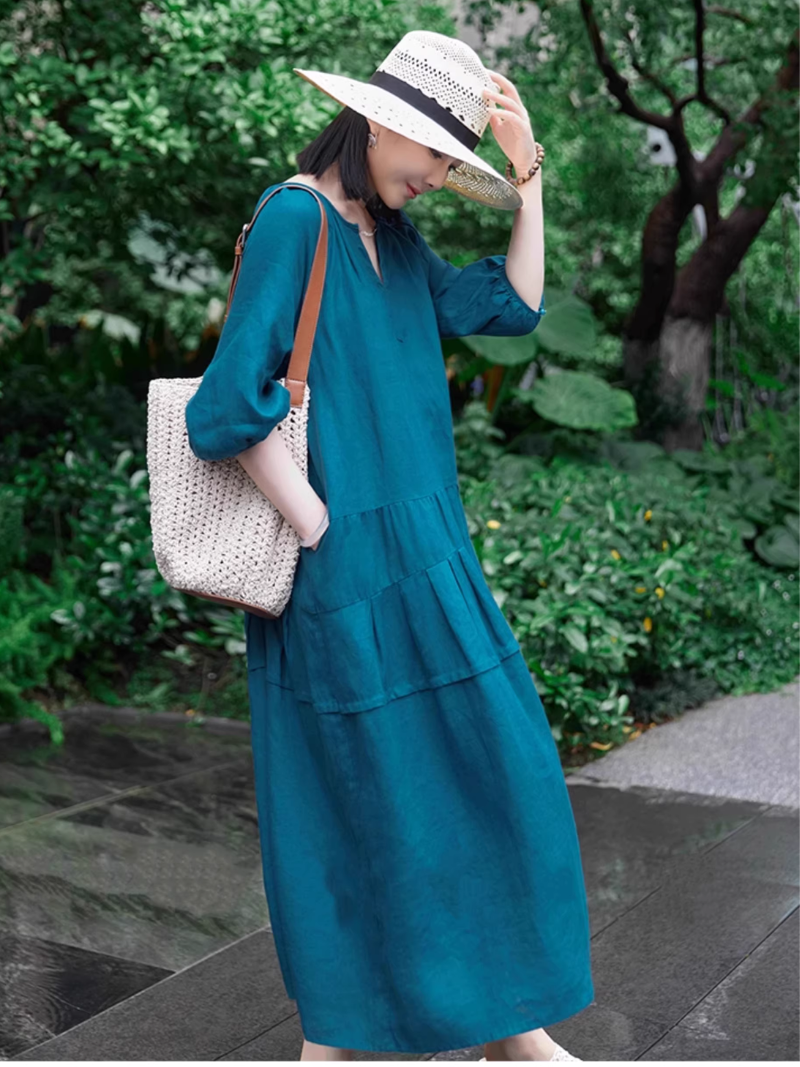 Effortless Linen Dress: Tiered Cotton-Blend Midi with V-Neck and Pockets