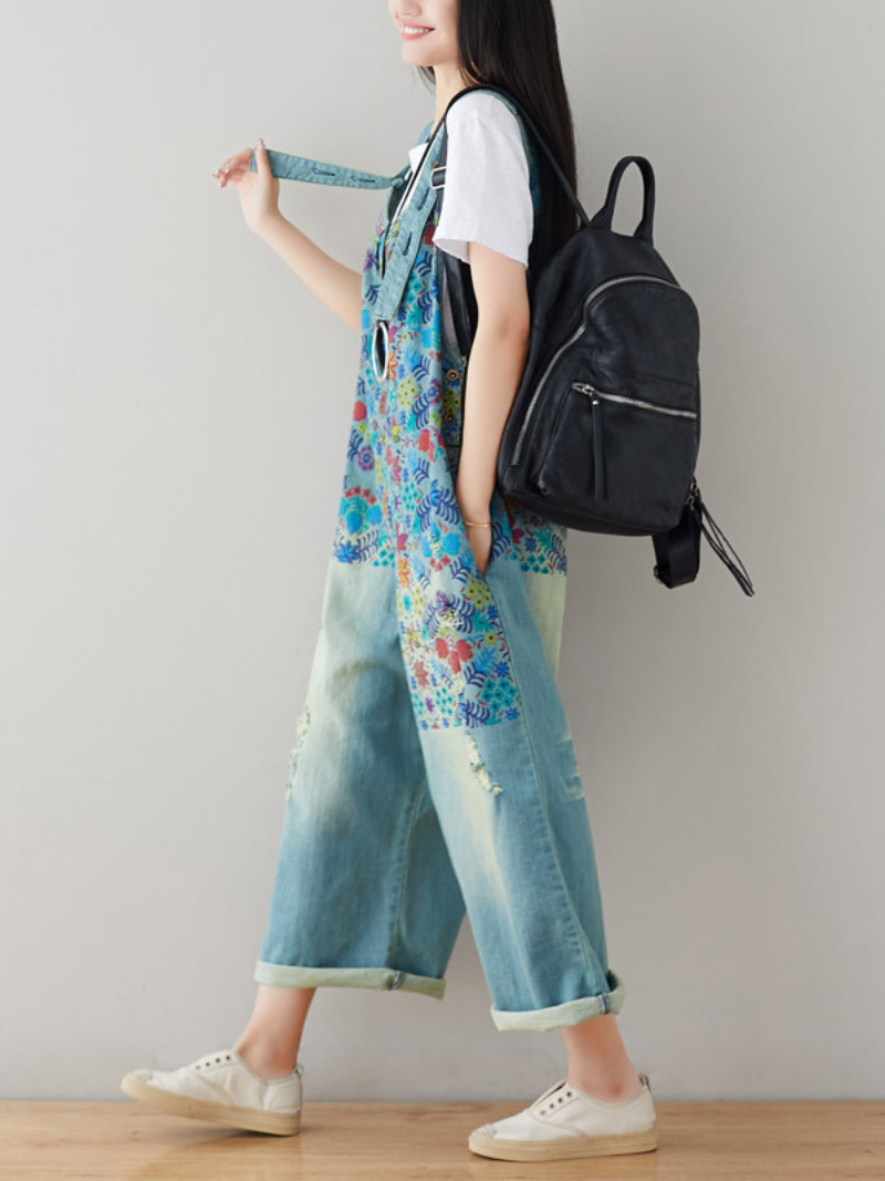 Women's Casual &Comfy Printed Jeans Wide Leg Overalls Dungaree