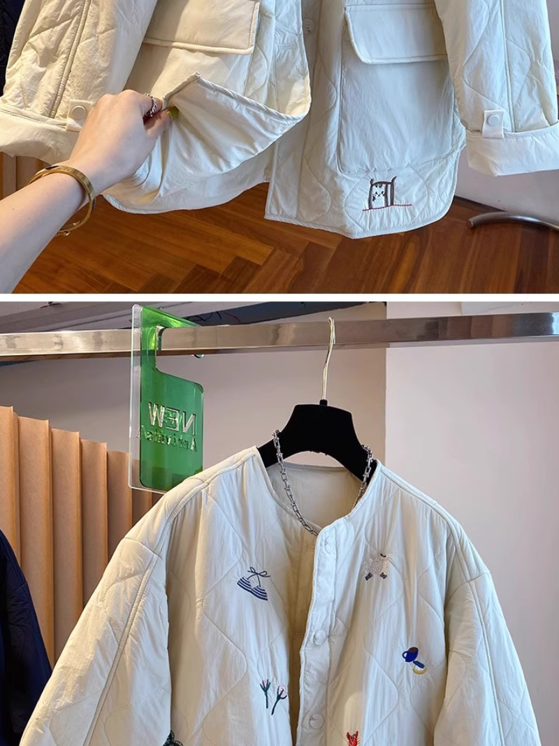 Embroidered Quilted Jacket with Patch Pockets & Oversized Silhouette