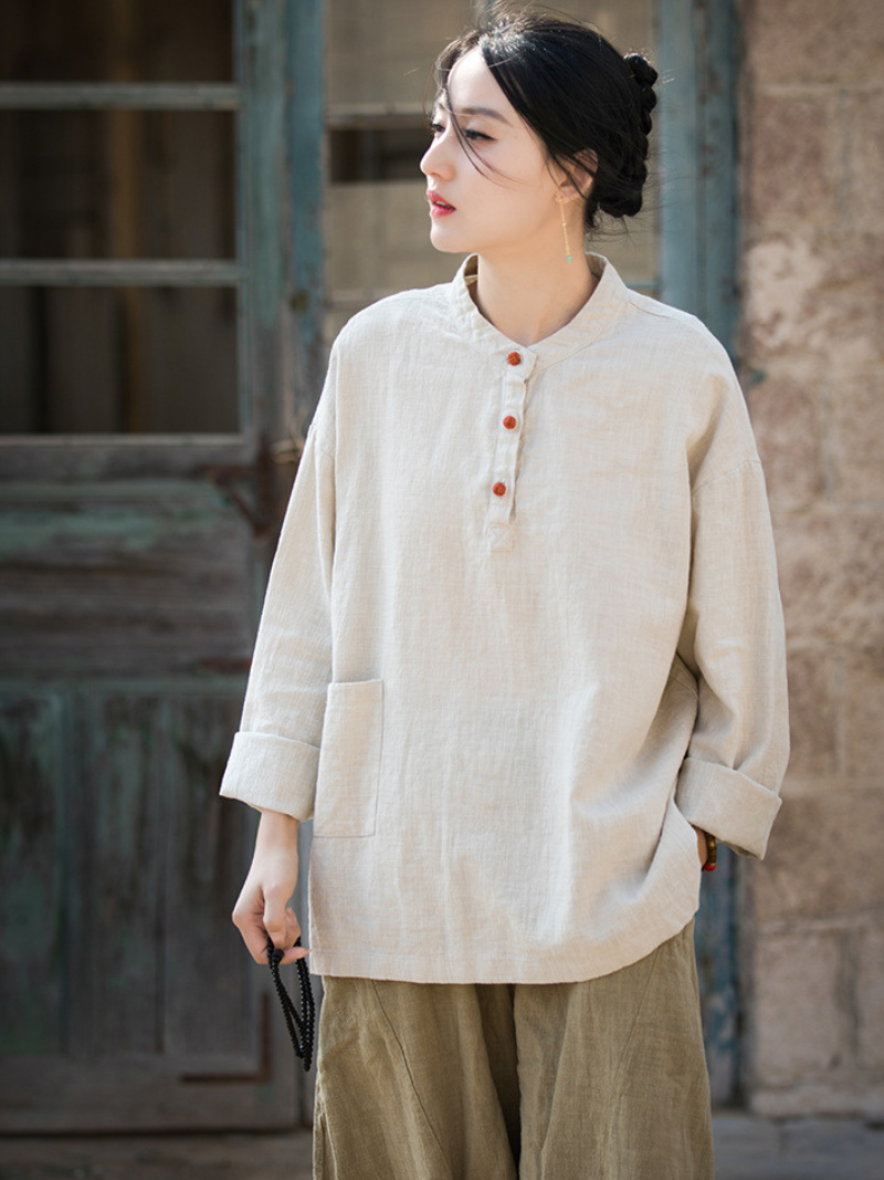 Artisan Mandarin-Collar Linen Blouse with Henley Buttons, Relaxed Silhouette, Pocket