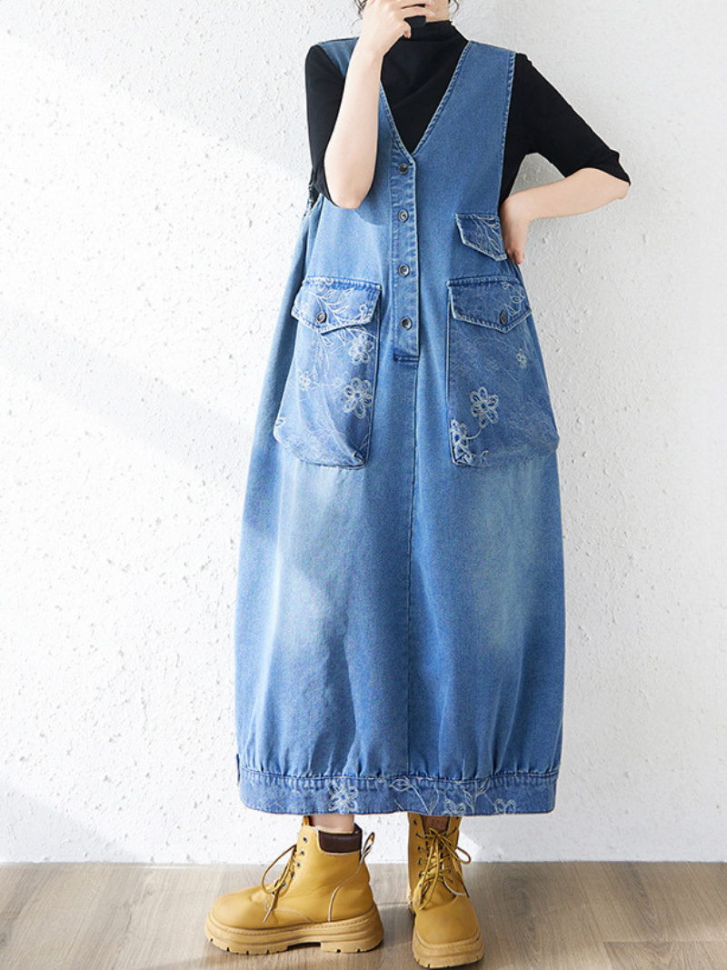 Utility Chic Denim Dress Pinafore with Oversized Floral Patch Pockets