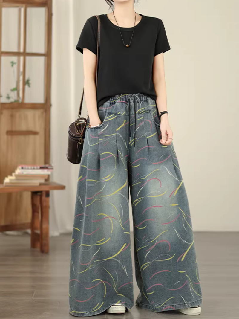 Artful Wide-Leg Denim Cotton Palazzo Pants with Elastic High Waist
