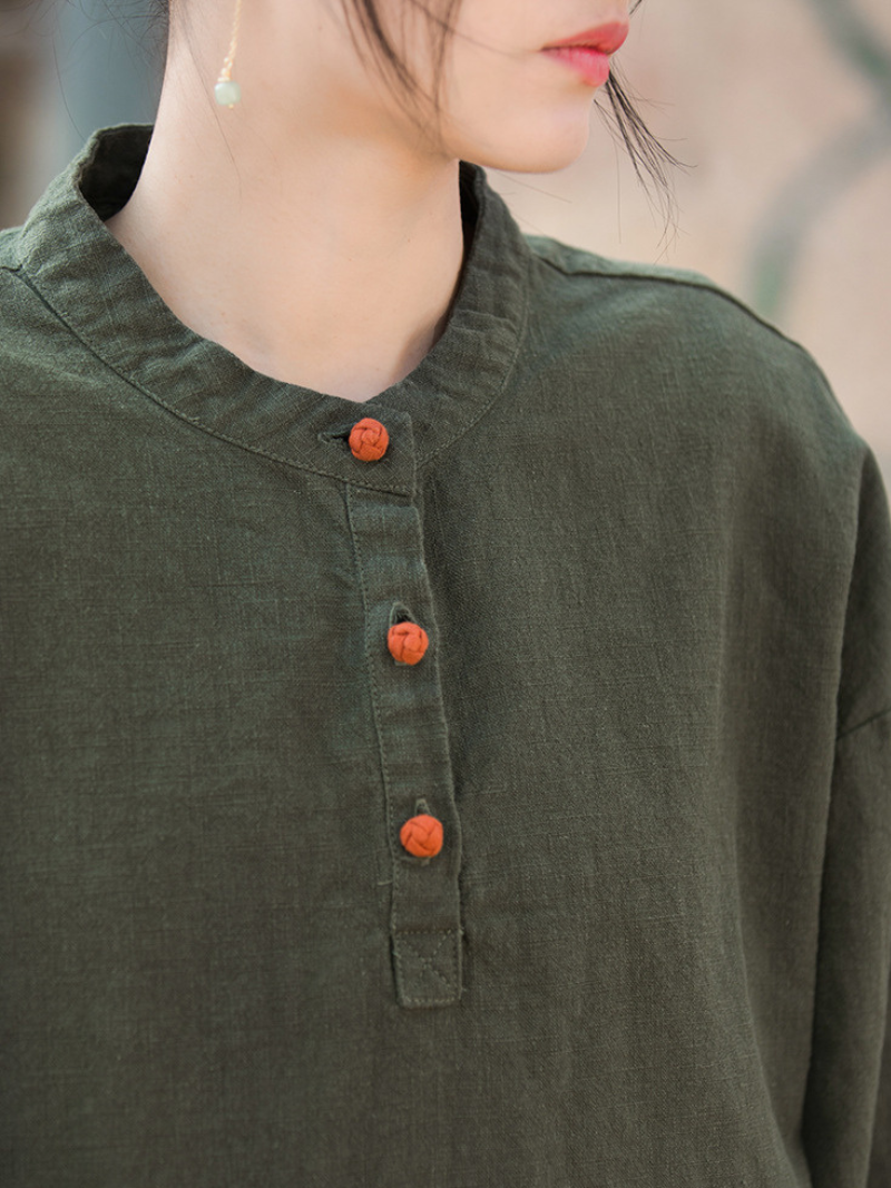 Artisan Mandarin-Collar Linen Blouse with Henley Buttons, Relaxed Silhouette, Pocket