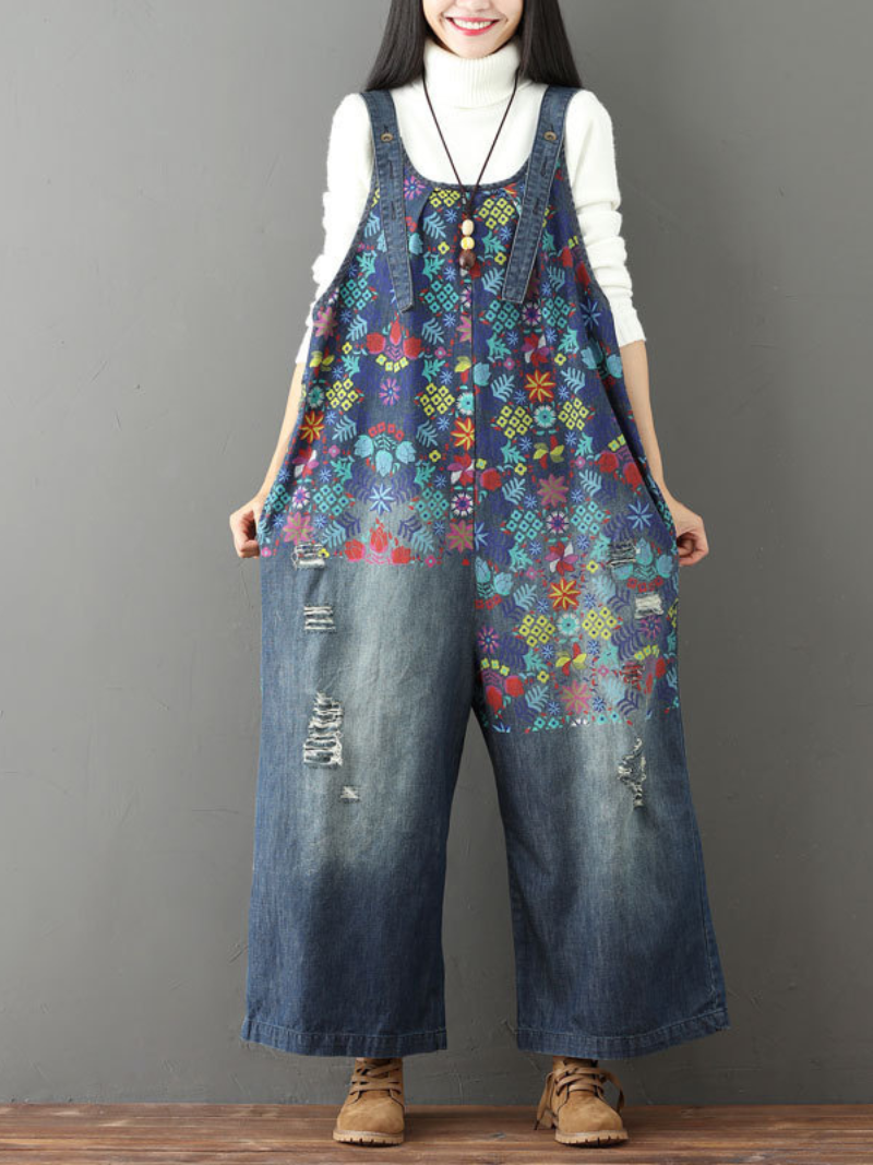Women's Casual &Comfy Printed Jeans Wide Leg Overalls Dungaree