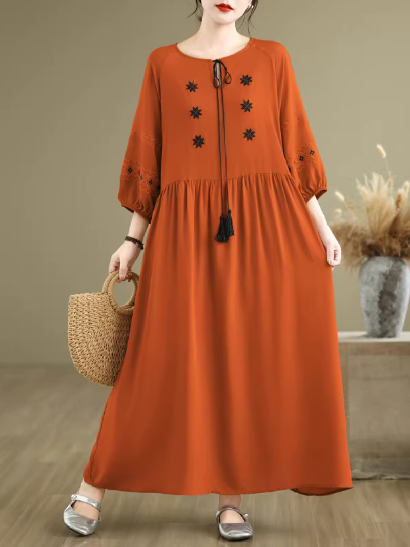 Embroidered Cotton-Linen Boho Maxi Dress with Tassel Tie Neck Detail