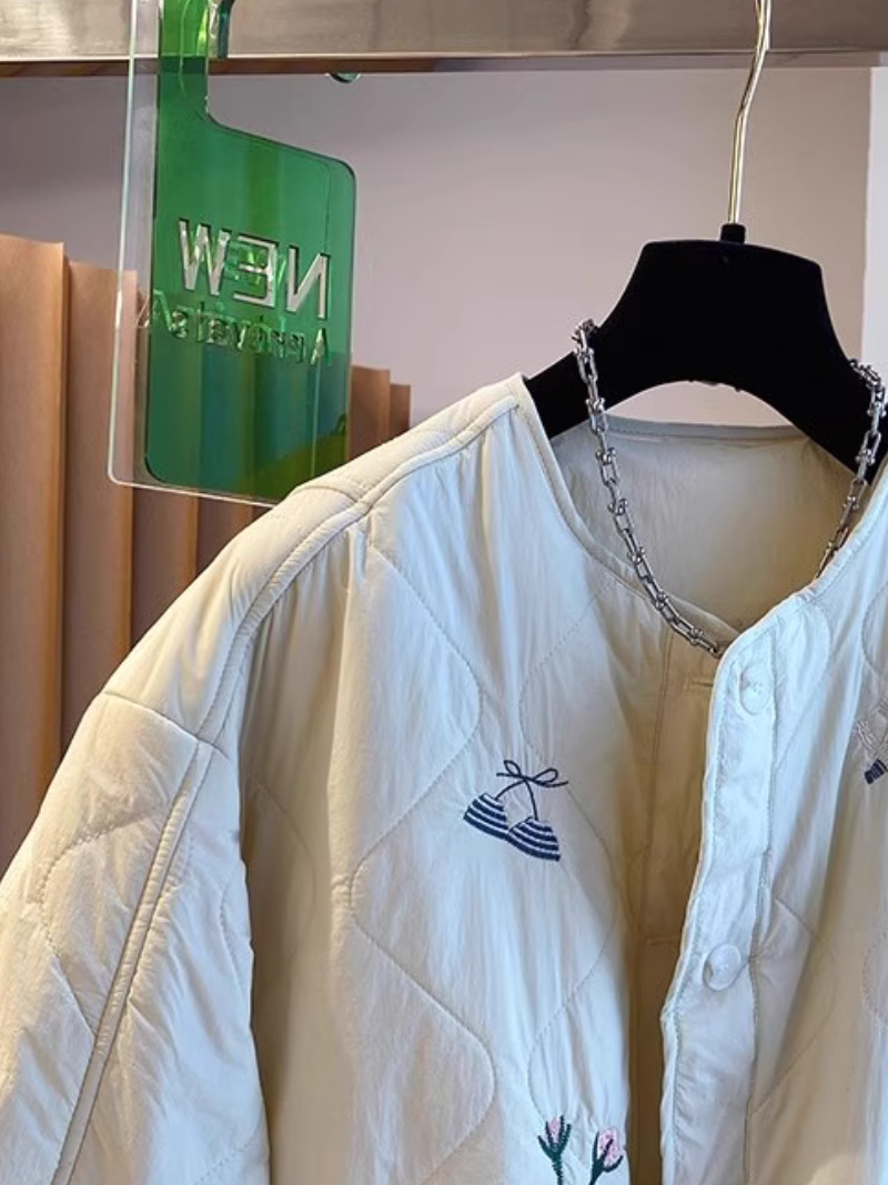 Embroidered Quilted Jacket with Patch Pockets & Oversized Silhouette