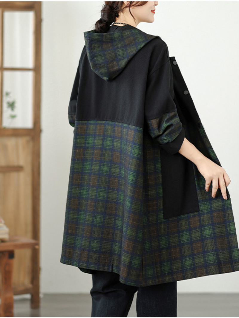 Longline Denim Cotton Plaid Shacket Coat with Hood and Pockets