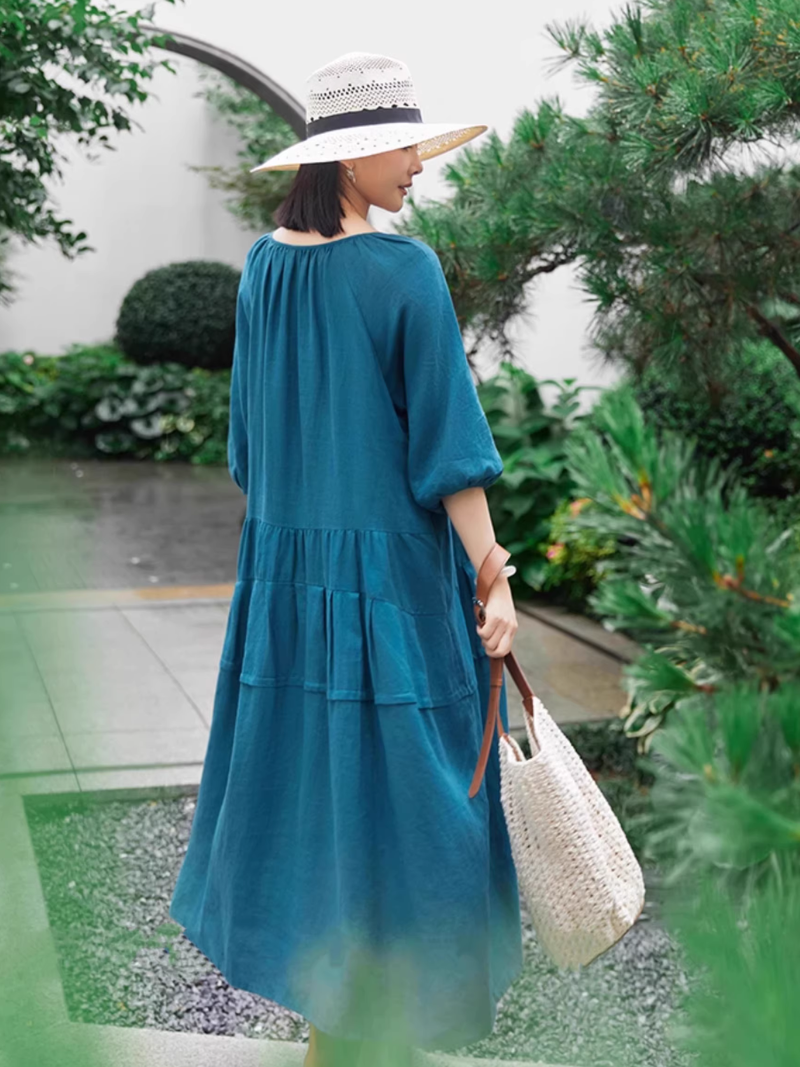 Effortless Linen Dress: Tiered Cotton-Blend Midi with V-Neck and Pockets