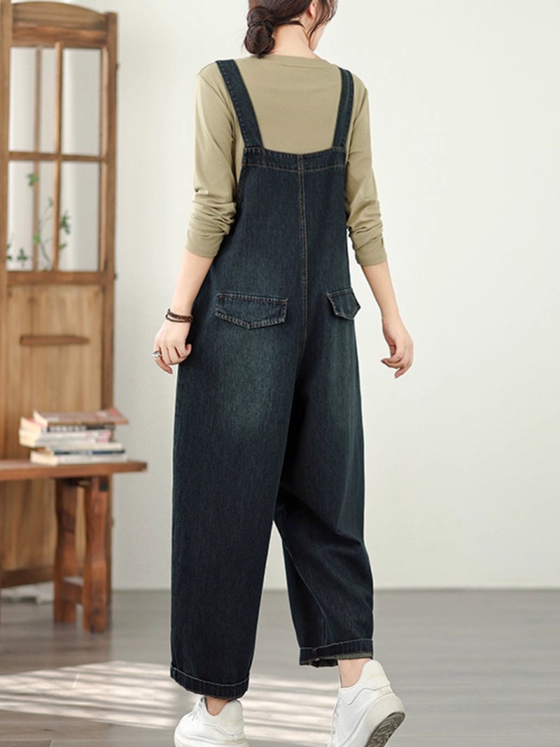 Comfortable Wide-Leg Denim Overalls with Adjustable Straps and Pockets