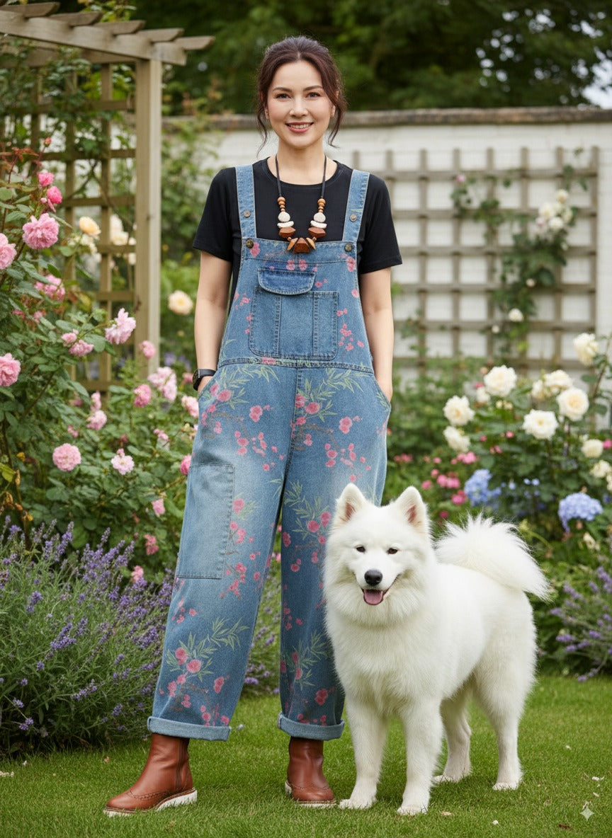 Floral print denim dungarees.